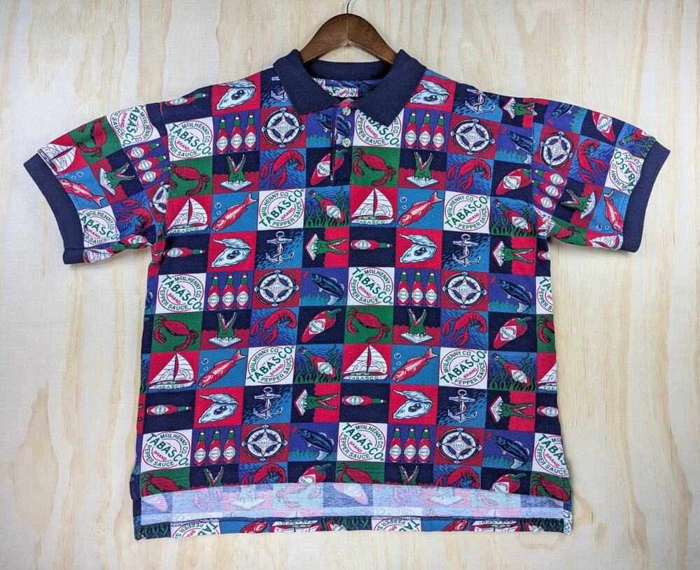 Tabasco Men's Large Novelty Polo All-Over Print Seafood Nautical Cotton